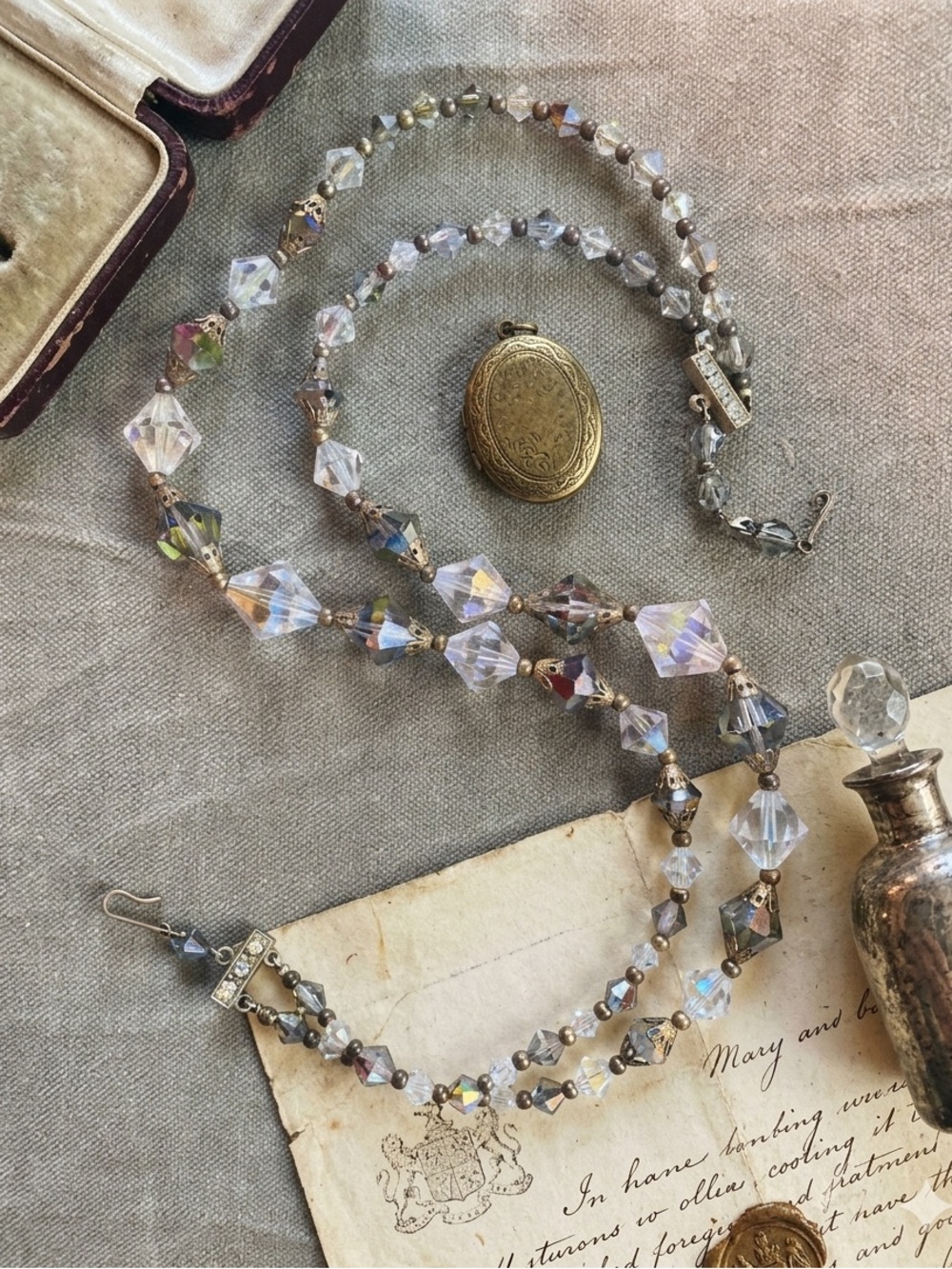 Vintage Aurora Borealis Lead Crystal Two Strand Bead Necklace Choker 1950s